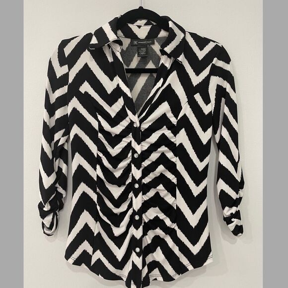 INC International Concepts Black/White Blouse Long Sleeve Size Xs - Picture 1 of 8